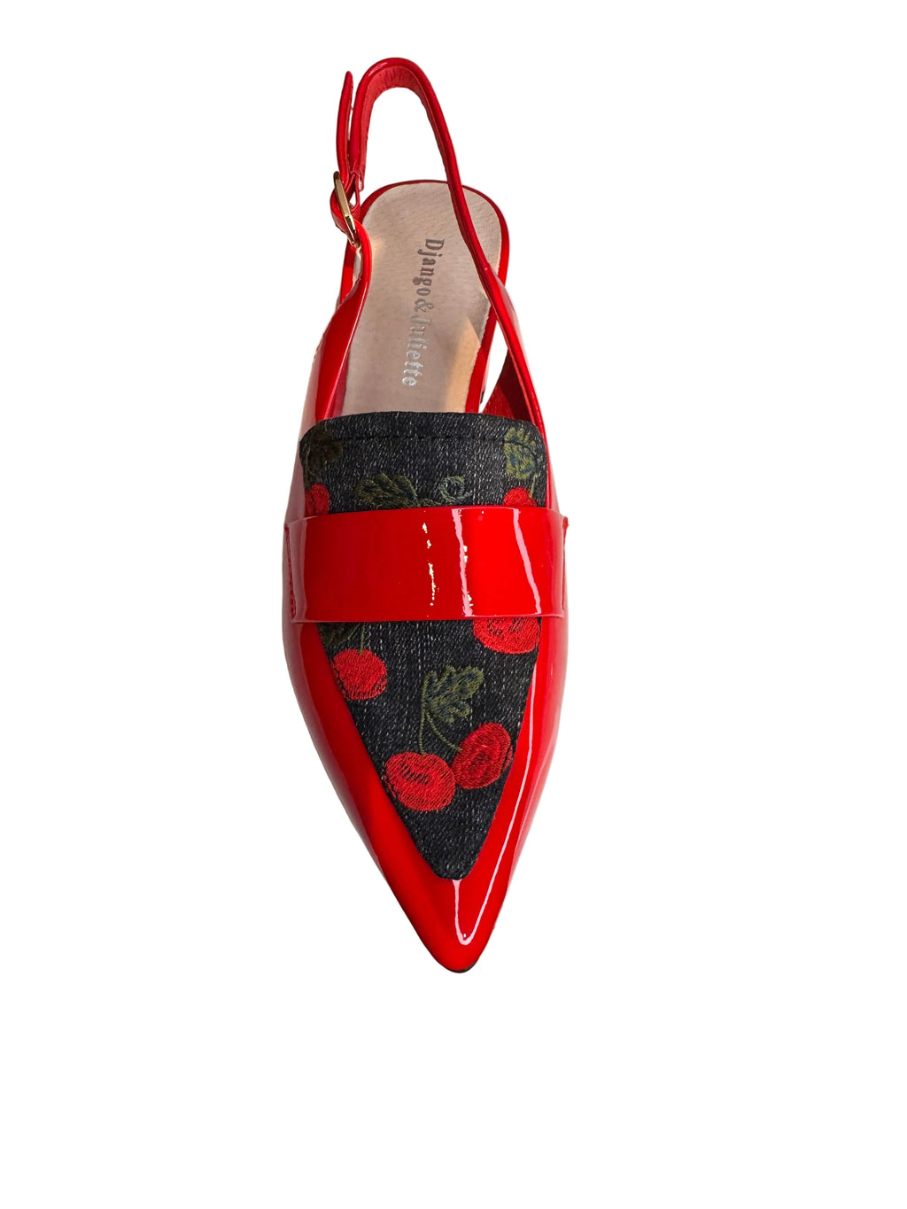 Django and Juliette Aiday Red Patent Leather Slingbacks with Cherry Print