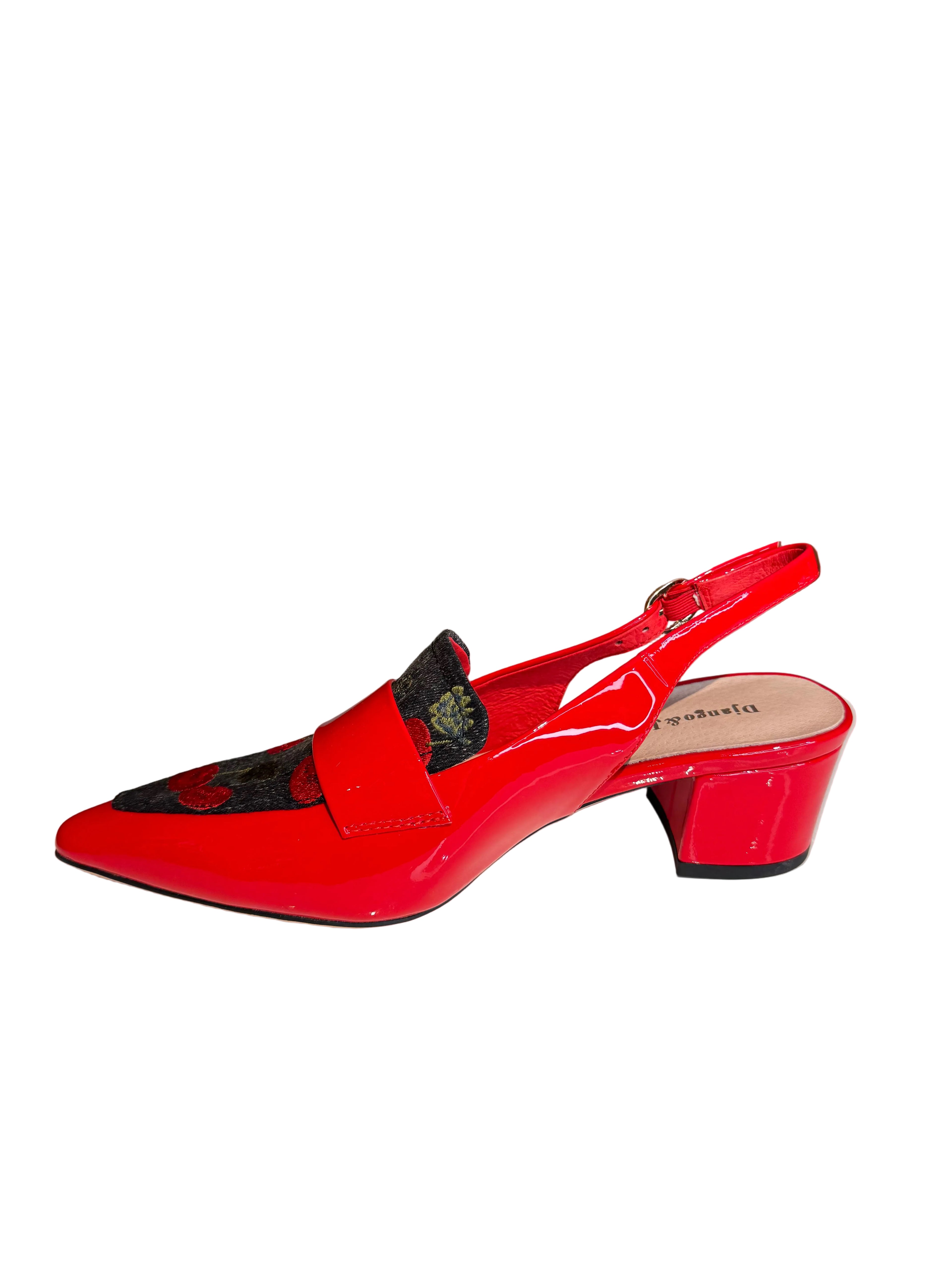 Django and Juliette Aiday Red Patent Leather Slingbacks with Cherry Print