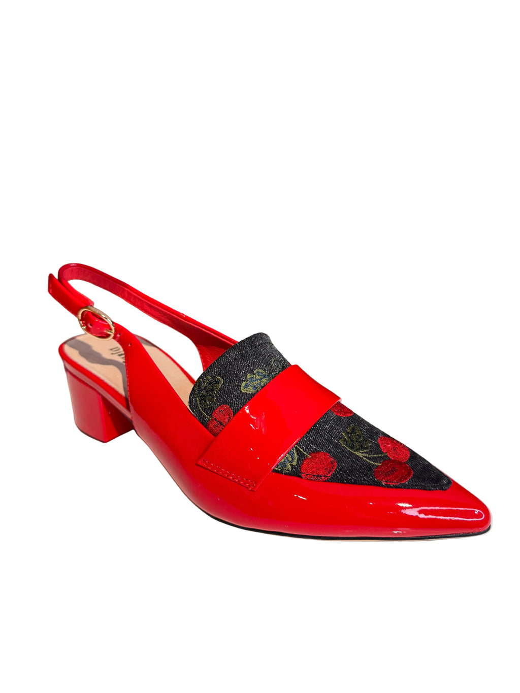 Django and Juliette Aiday Red Patent Leather Slingbacks with Cherry Print