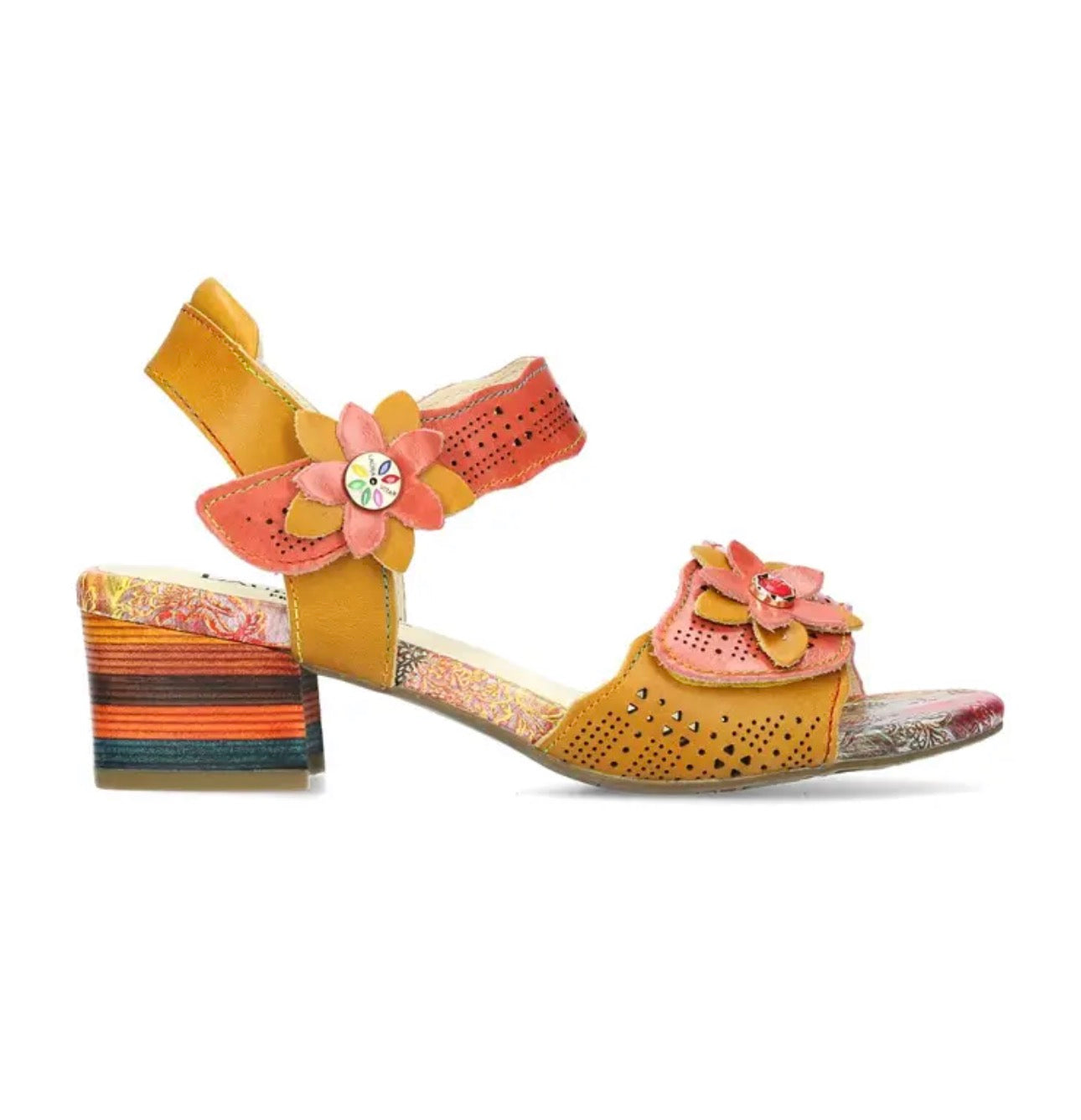 Laura Vita Tan Floral Leather Sandals