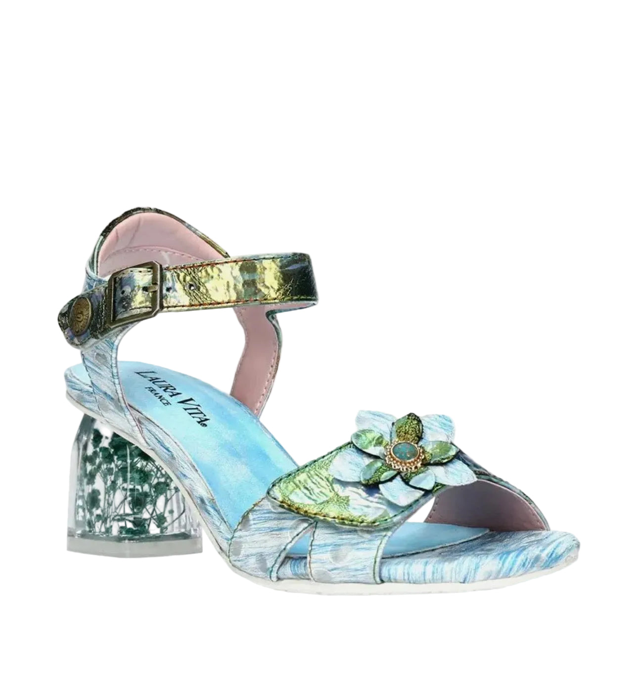 Laura Vita Blue Floral Block Heel Sandal