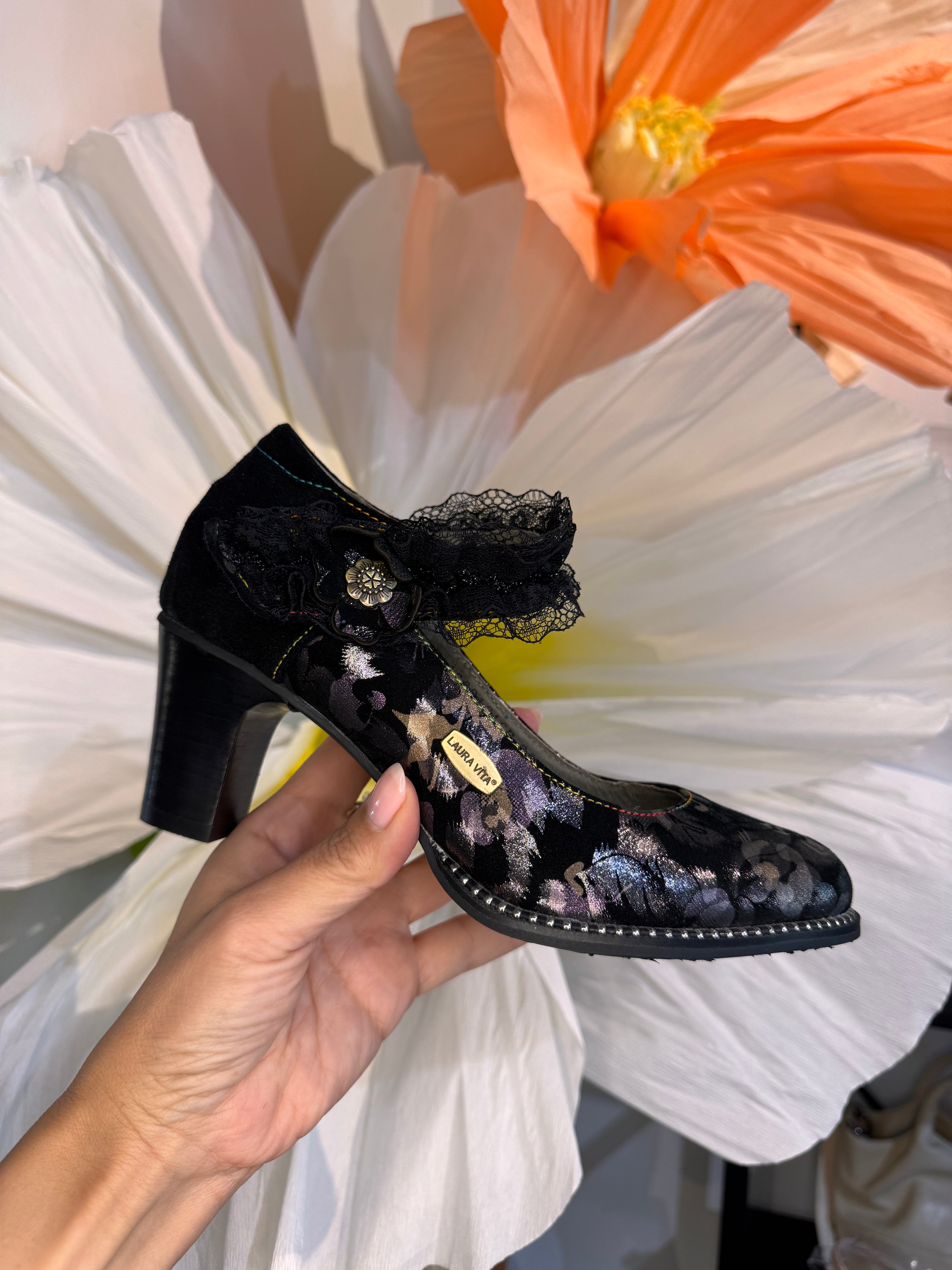 Laura Vita Mary Jane Black Heel with Lace Detail