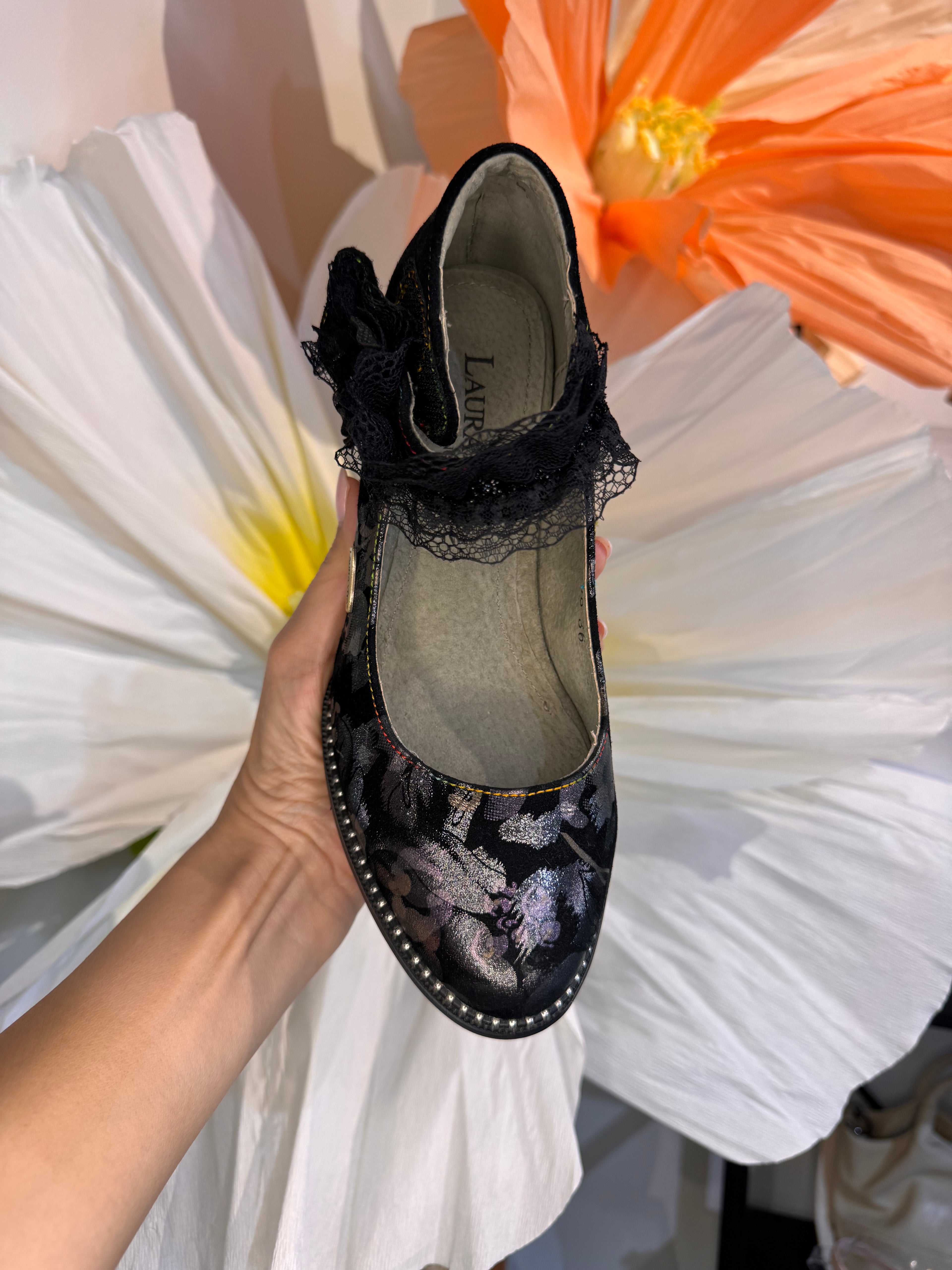 Laura Vita Mary Jane Black Heel with Lace Detail