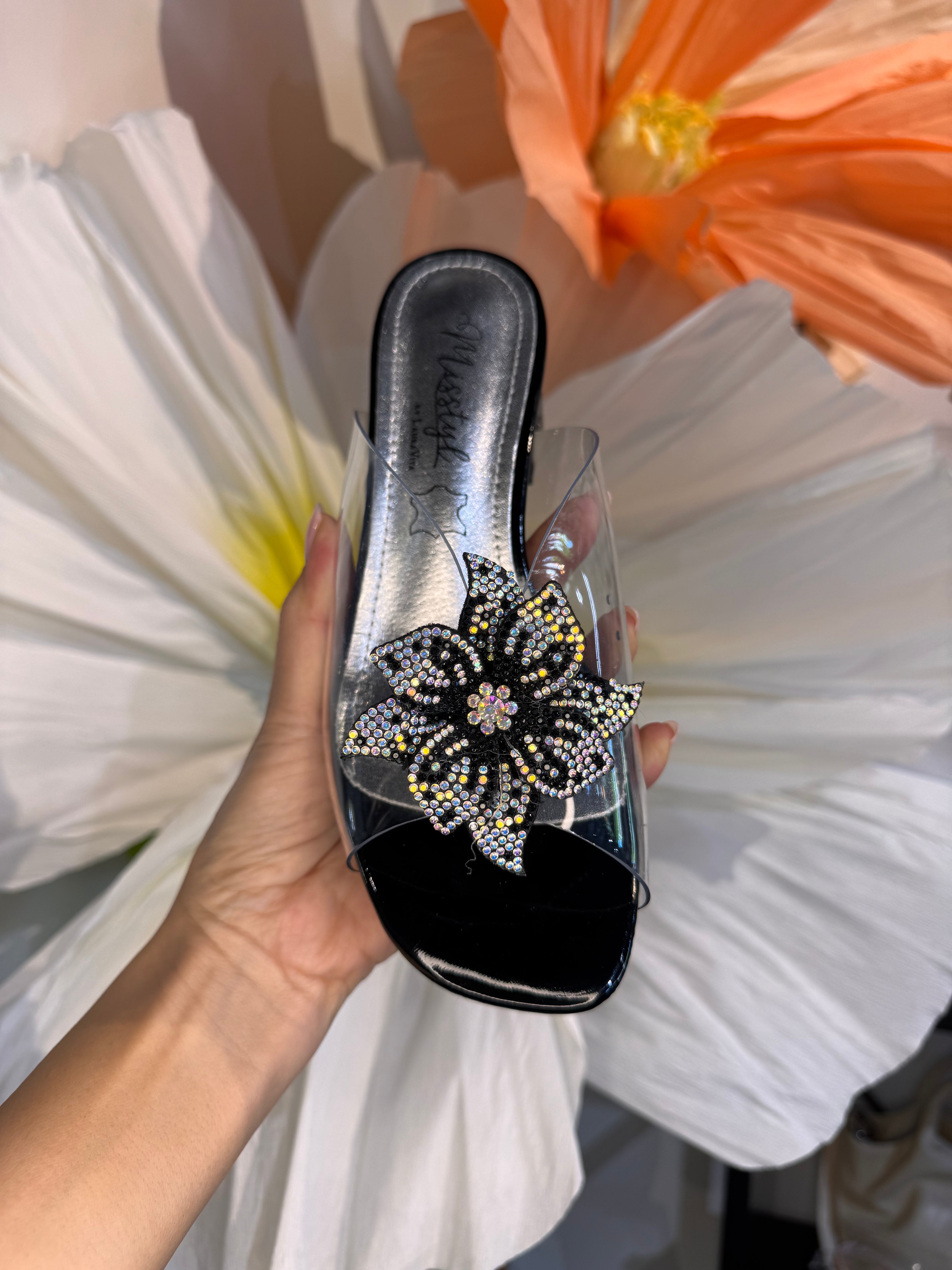 Laura Vita Floral Black Clear Slides