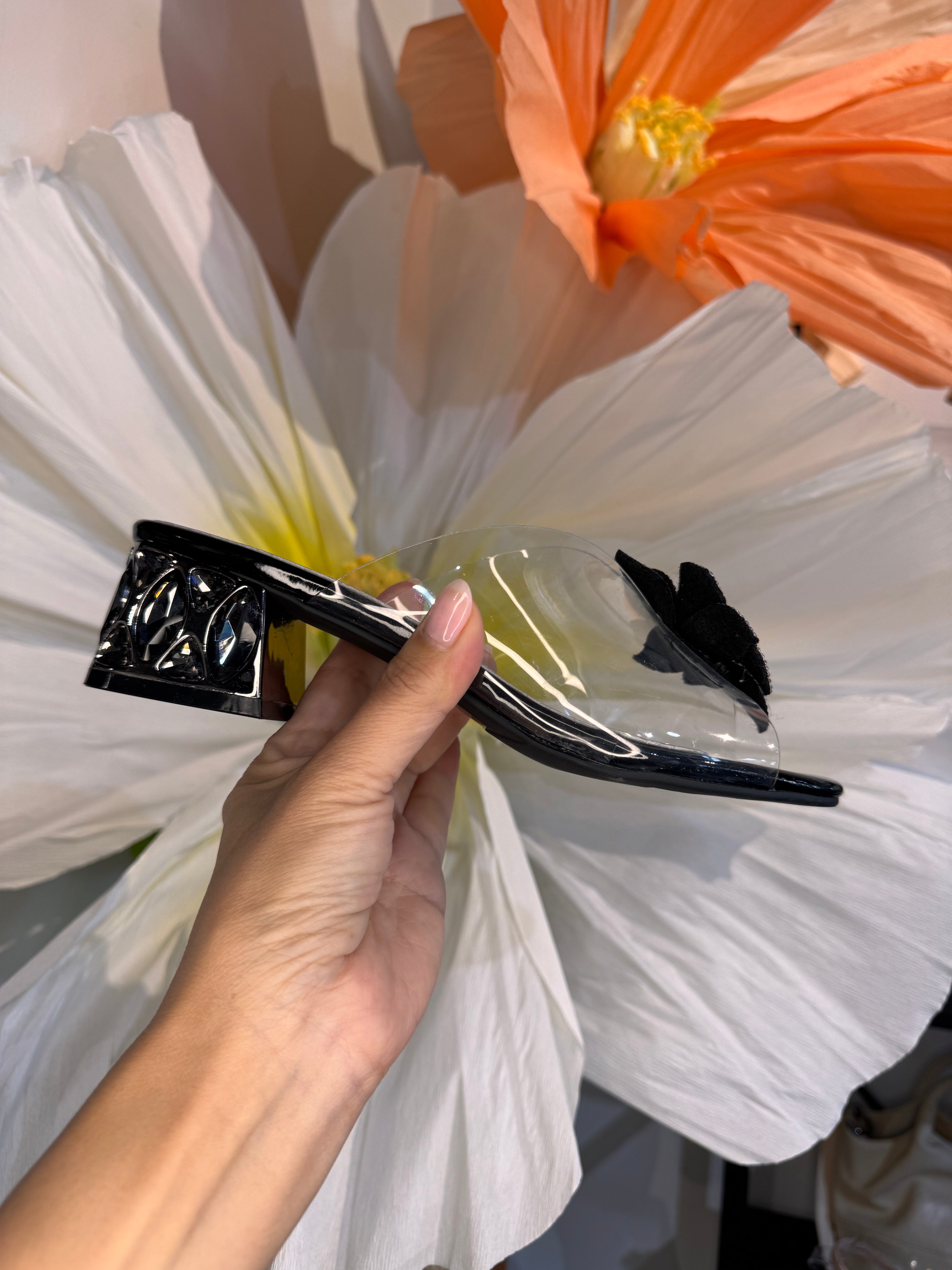 Laura Vita Floral Black Clear Slides