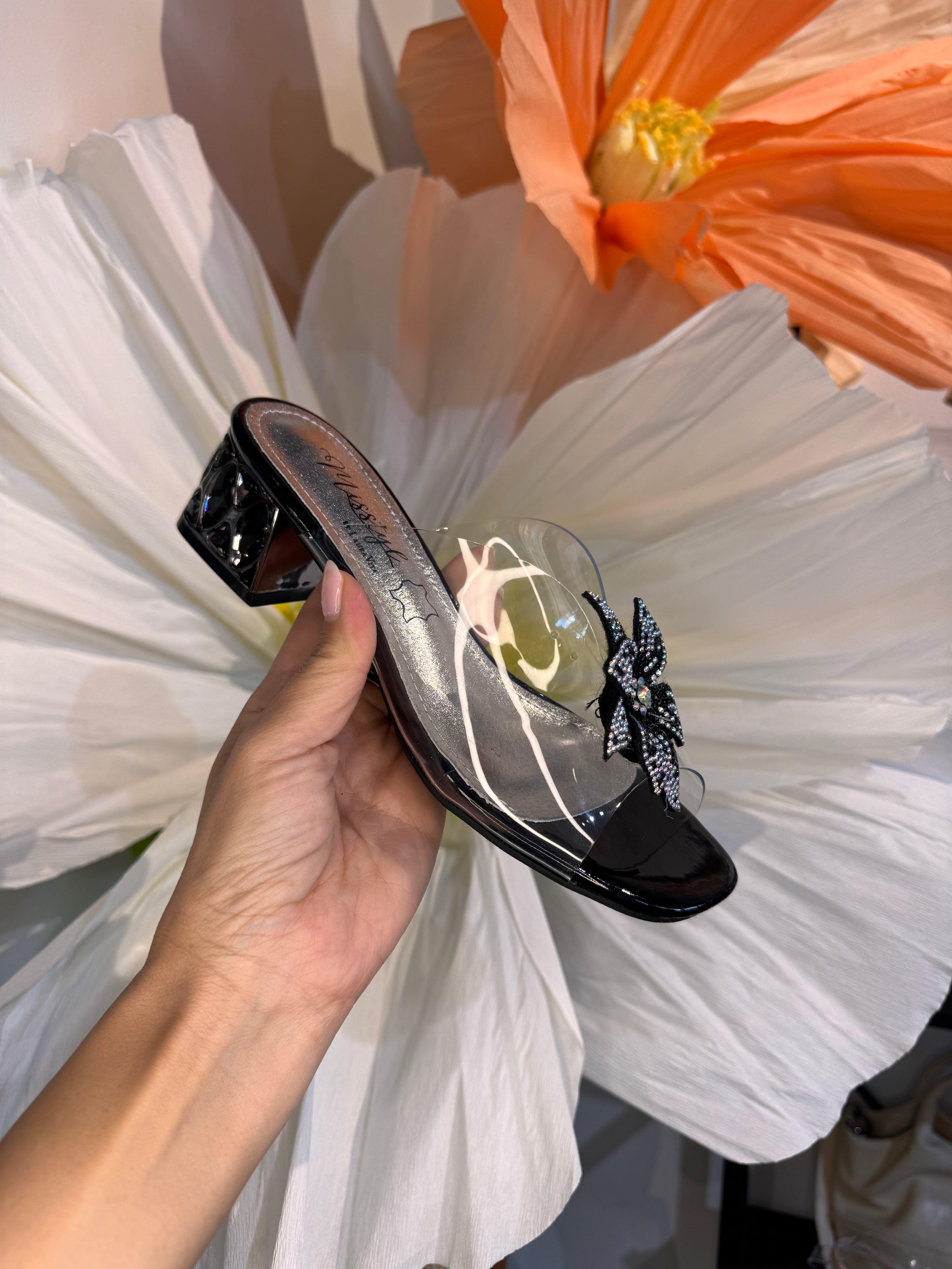 Laura Vita Floral Black Clear Slides