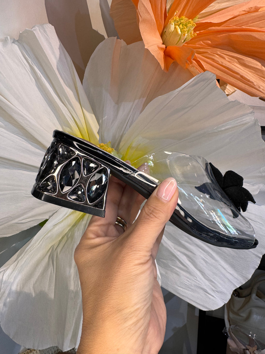 Laura Vita Floral Black Clear Slides