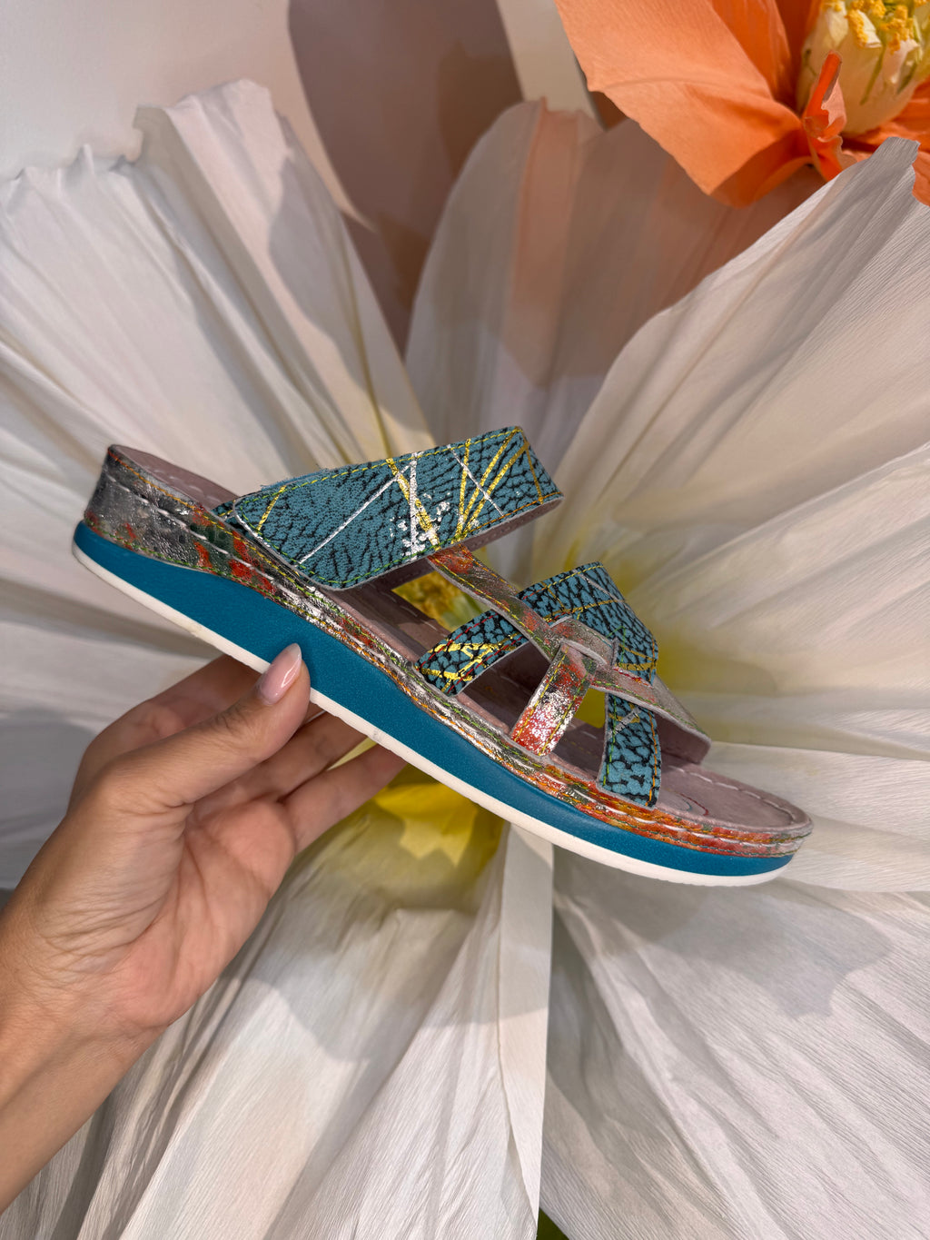 Laura Vita Floral Leather Turquoise Slides
