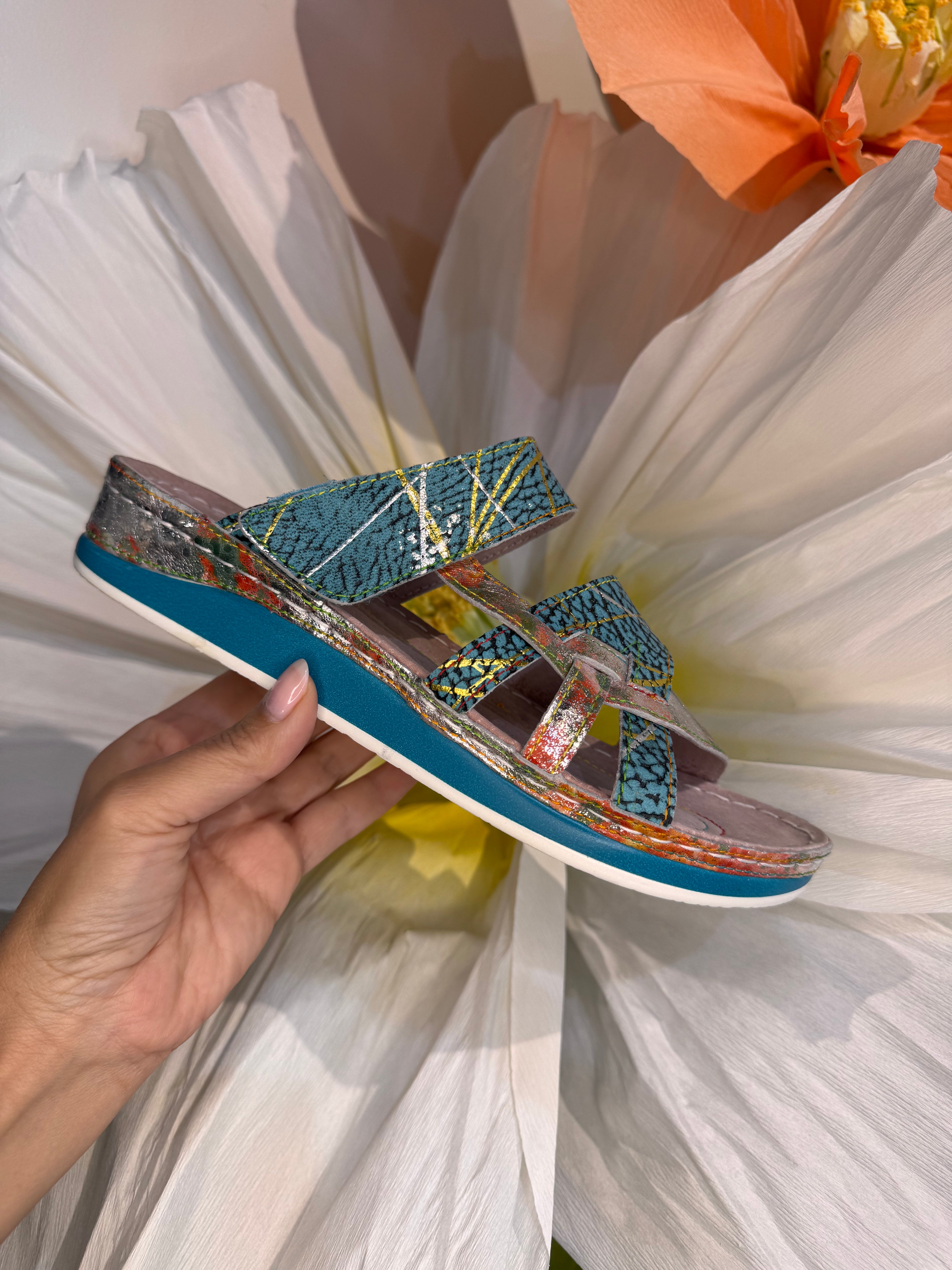 Laura Vita Floral Leather Turquoise Slides