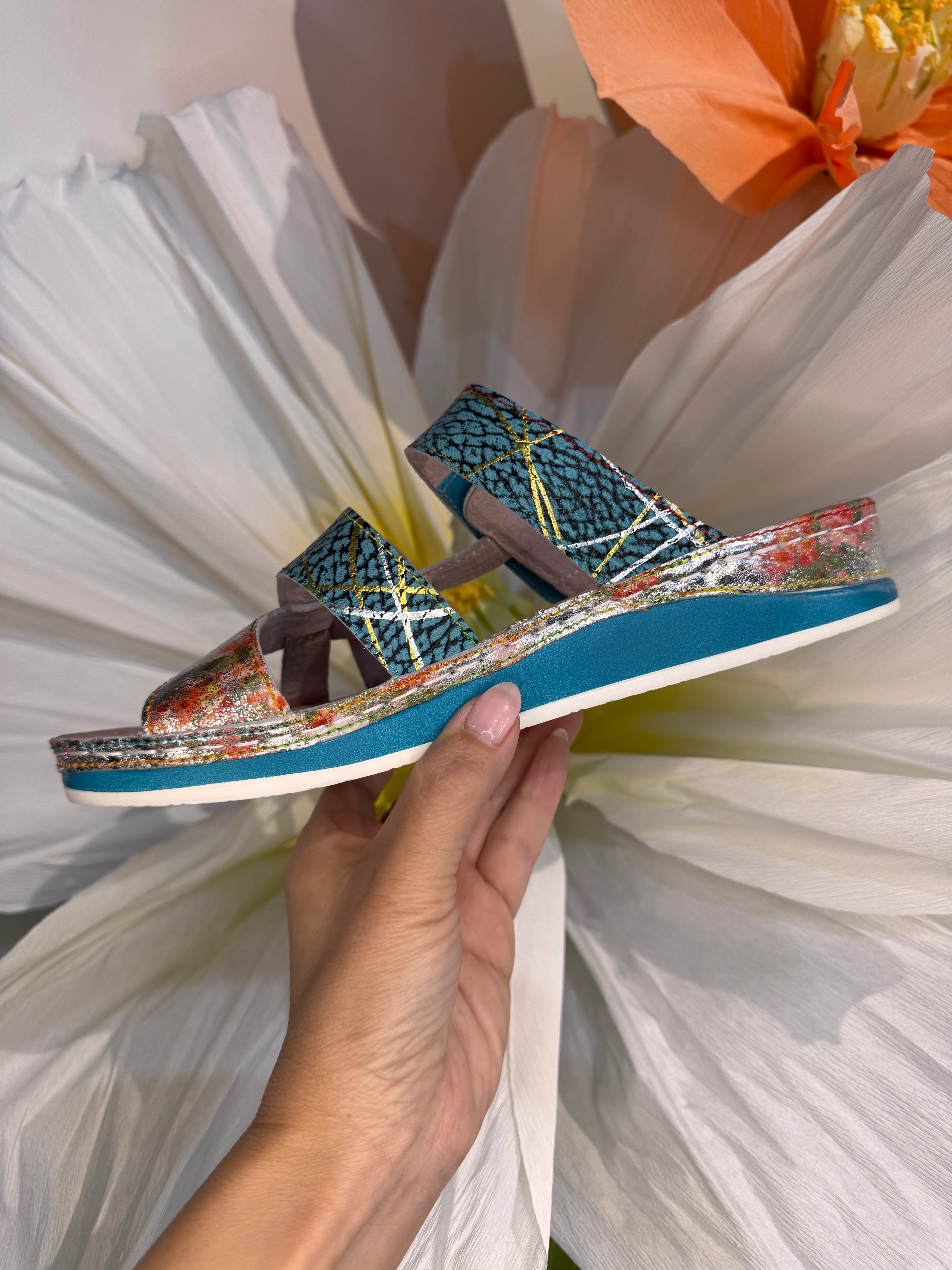 Laura Vita Floral Leather Turquoise Slides