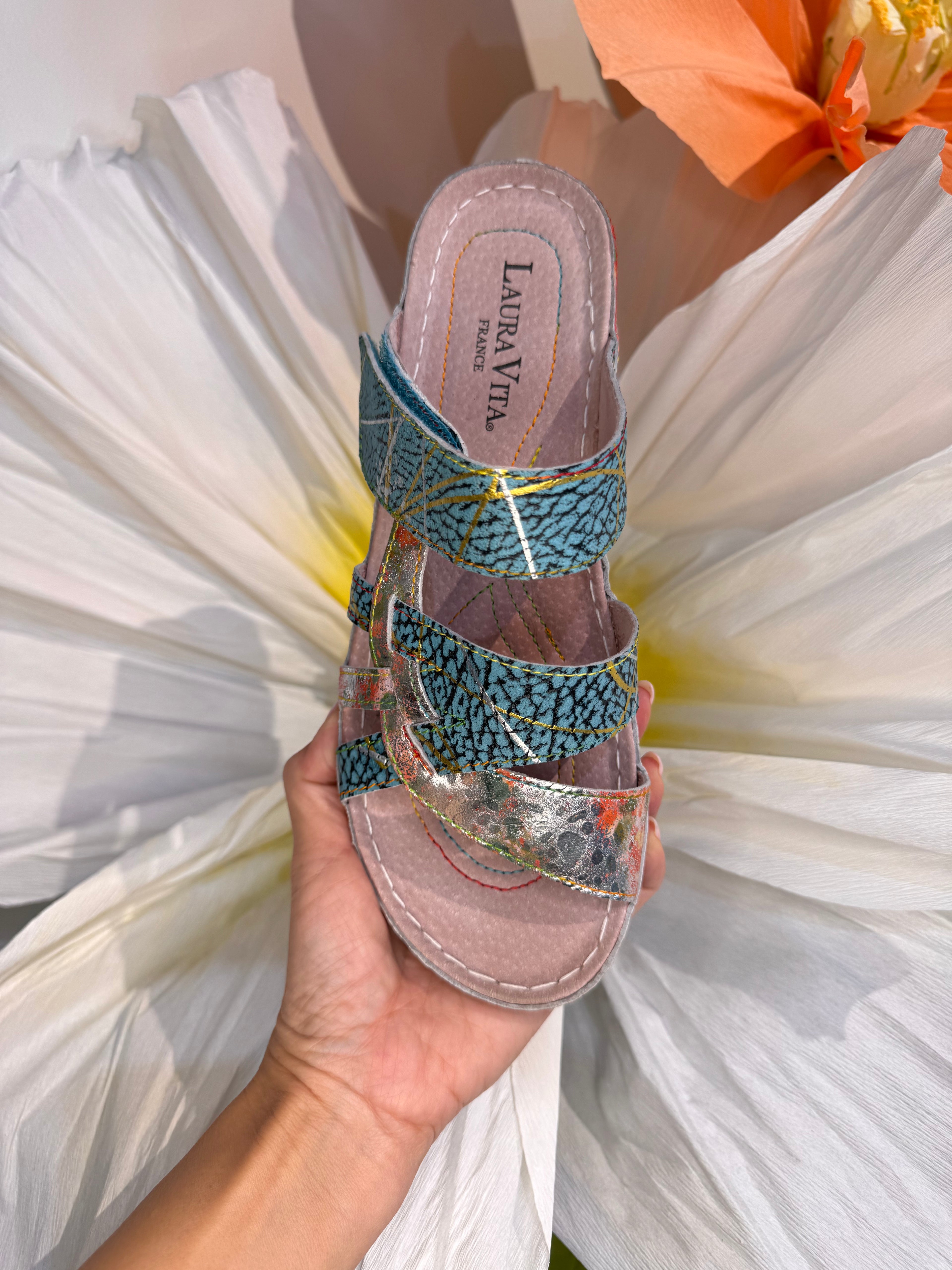 Laura Vita Floral Leather Turquoise Slides