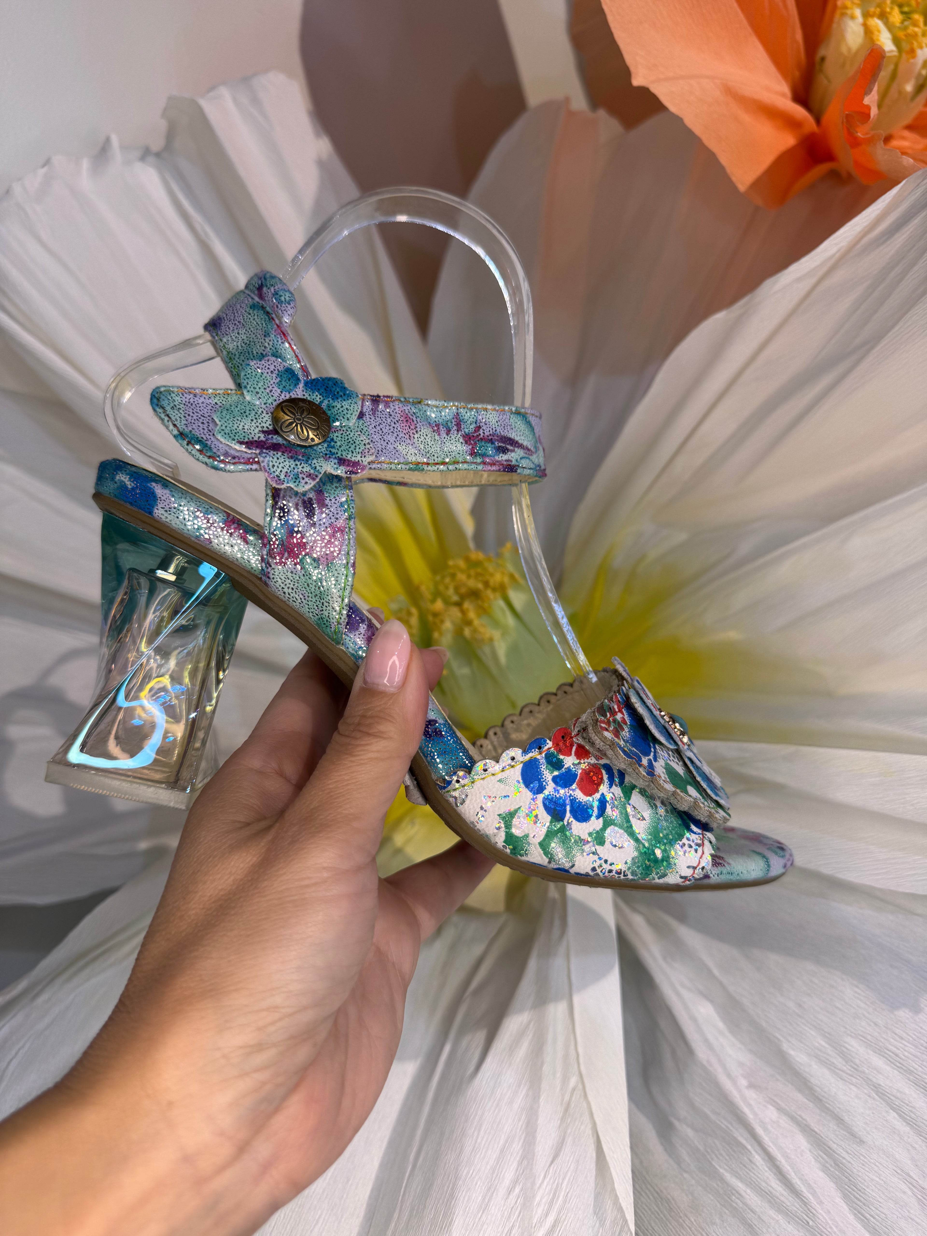 Laura Vita Blue Turquoise Floral Heel Sandal