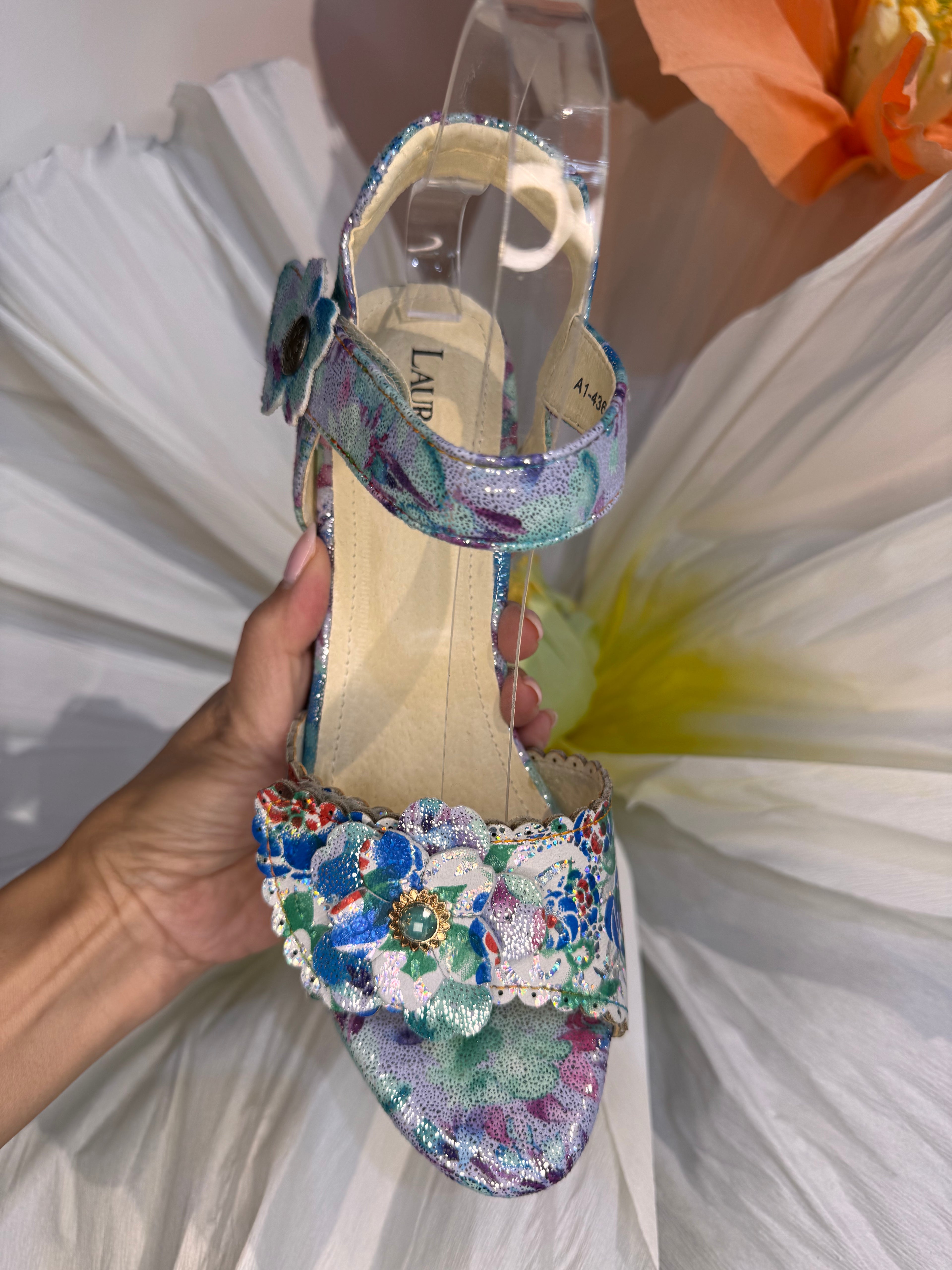 Laura Vita Blue Turquoise Floral Heel Sandal