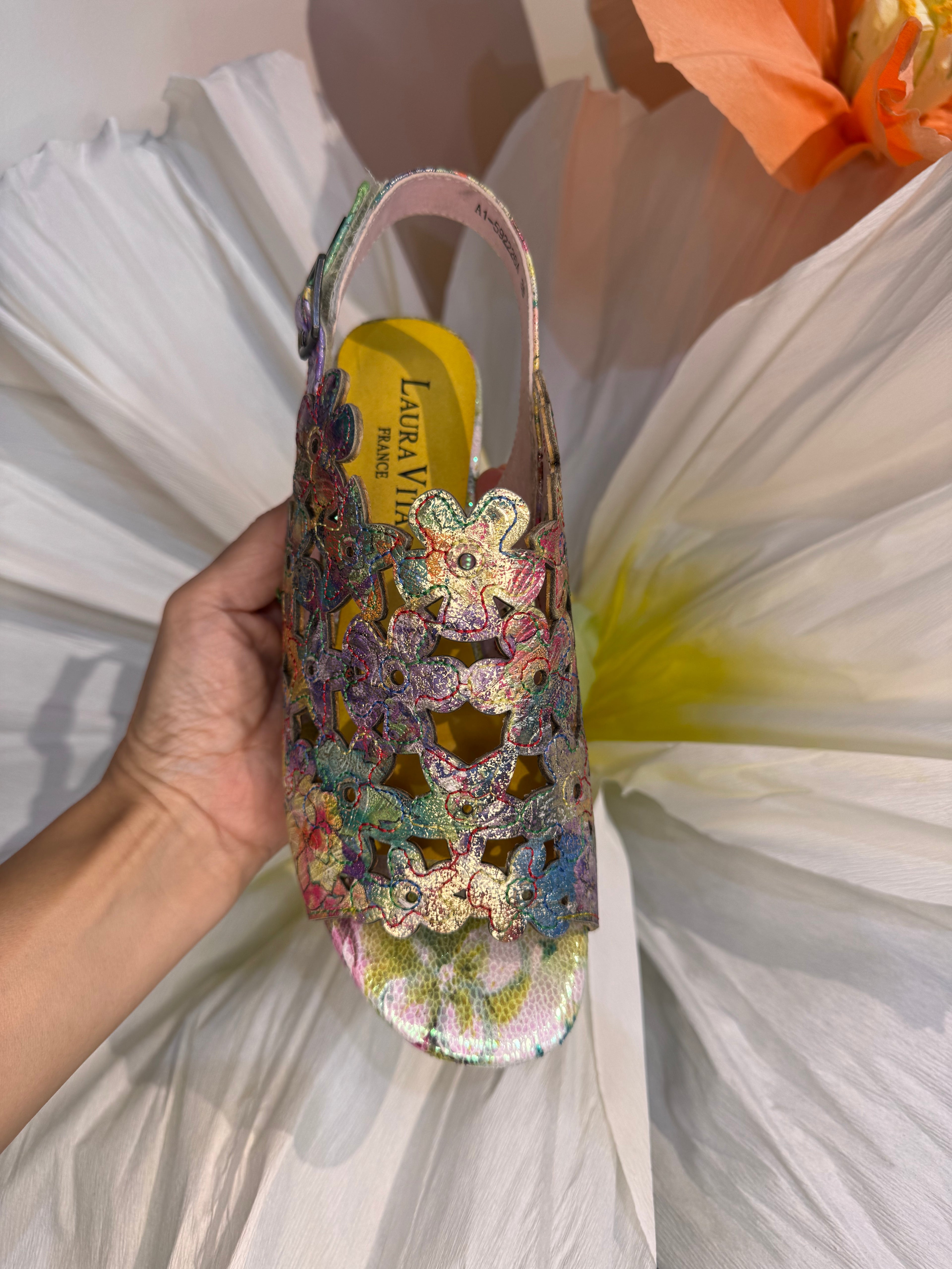 Laura Vita Multi Colour Floral Laser Cut Block Heel Sandal