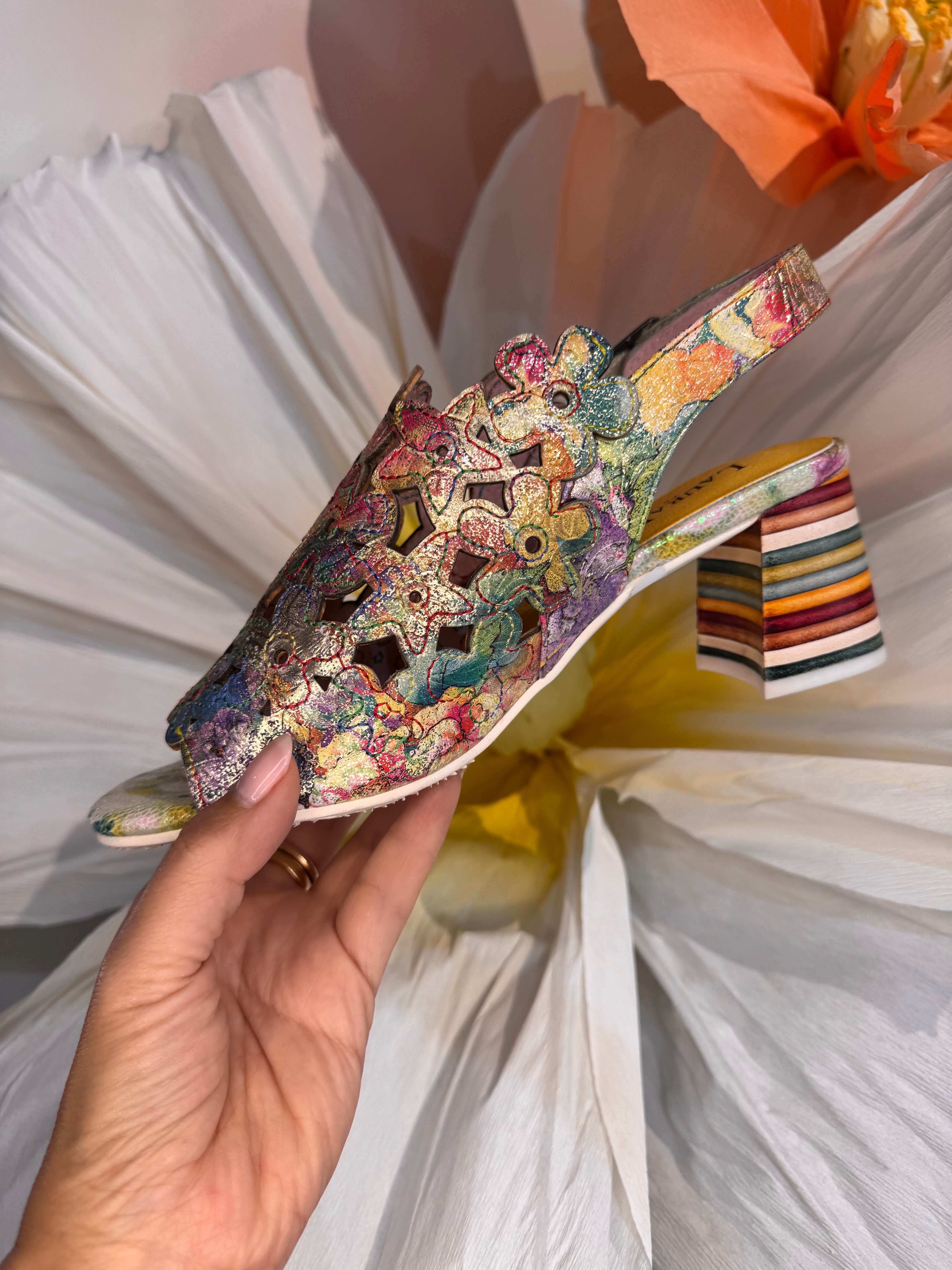 Laura Vita Multi Colour Floral Laser Cut Block Heel Sandal