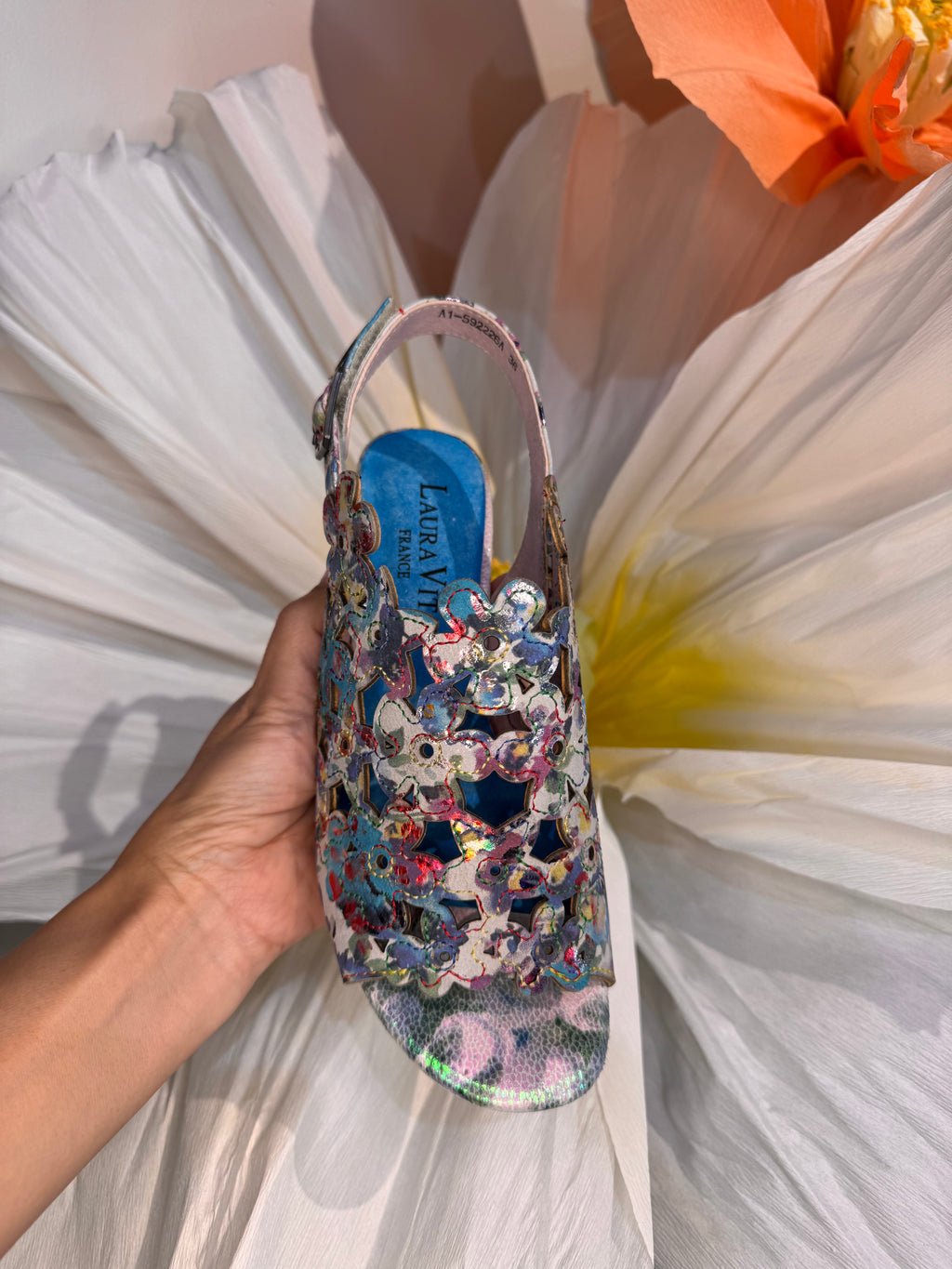 Laura Vita Blue Floral Laser Cut Block Heel Sandal