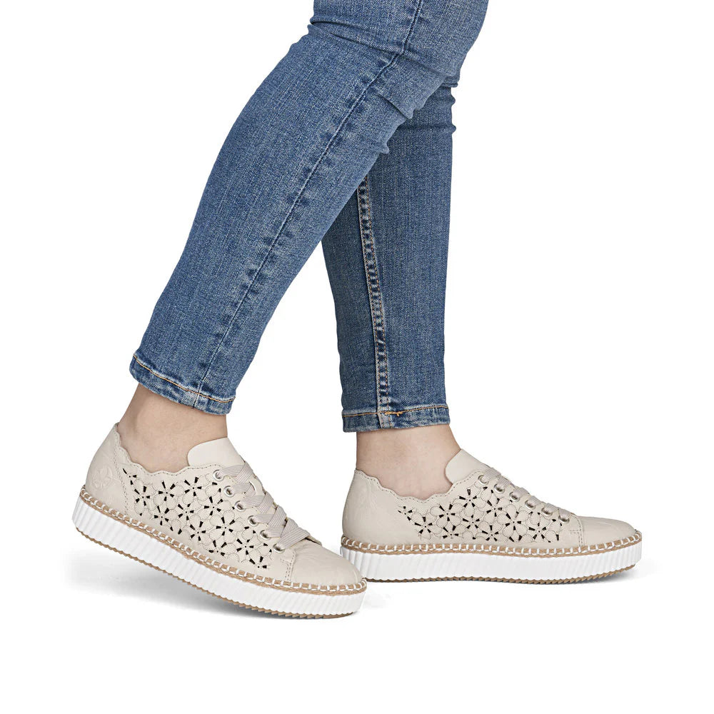 Rieker Women's Lace-up Zip Laser Cut Sneaker - Beige