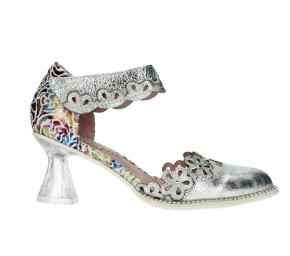 Laura Vita Silver Leather Heel Shoes With Acrylic Heel