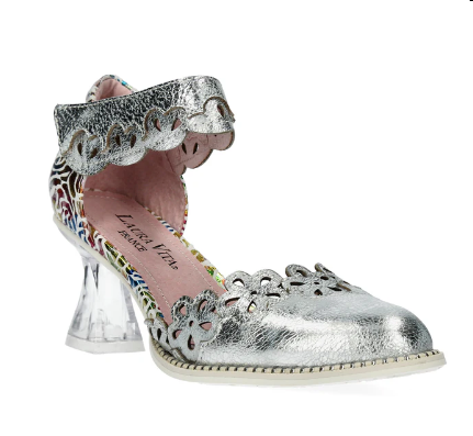Laura Vita Silver Leather Heel Shoes With Acrylic Heel