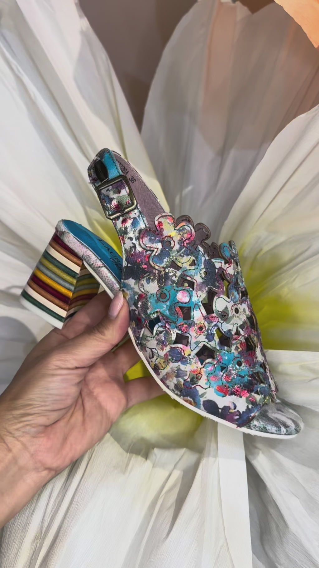Laura Vita Blue Floral Laser Cut Block Heel Sandal