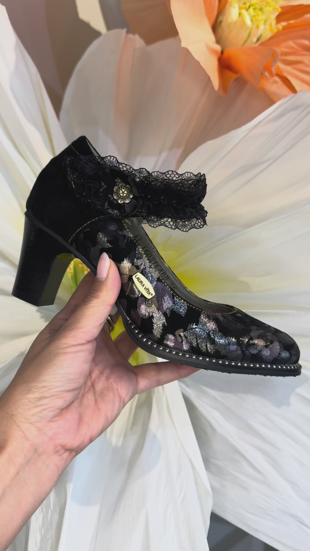 Laura Vita Mary Jane Black Heel with Lace Detail