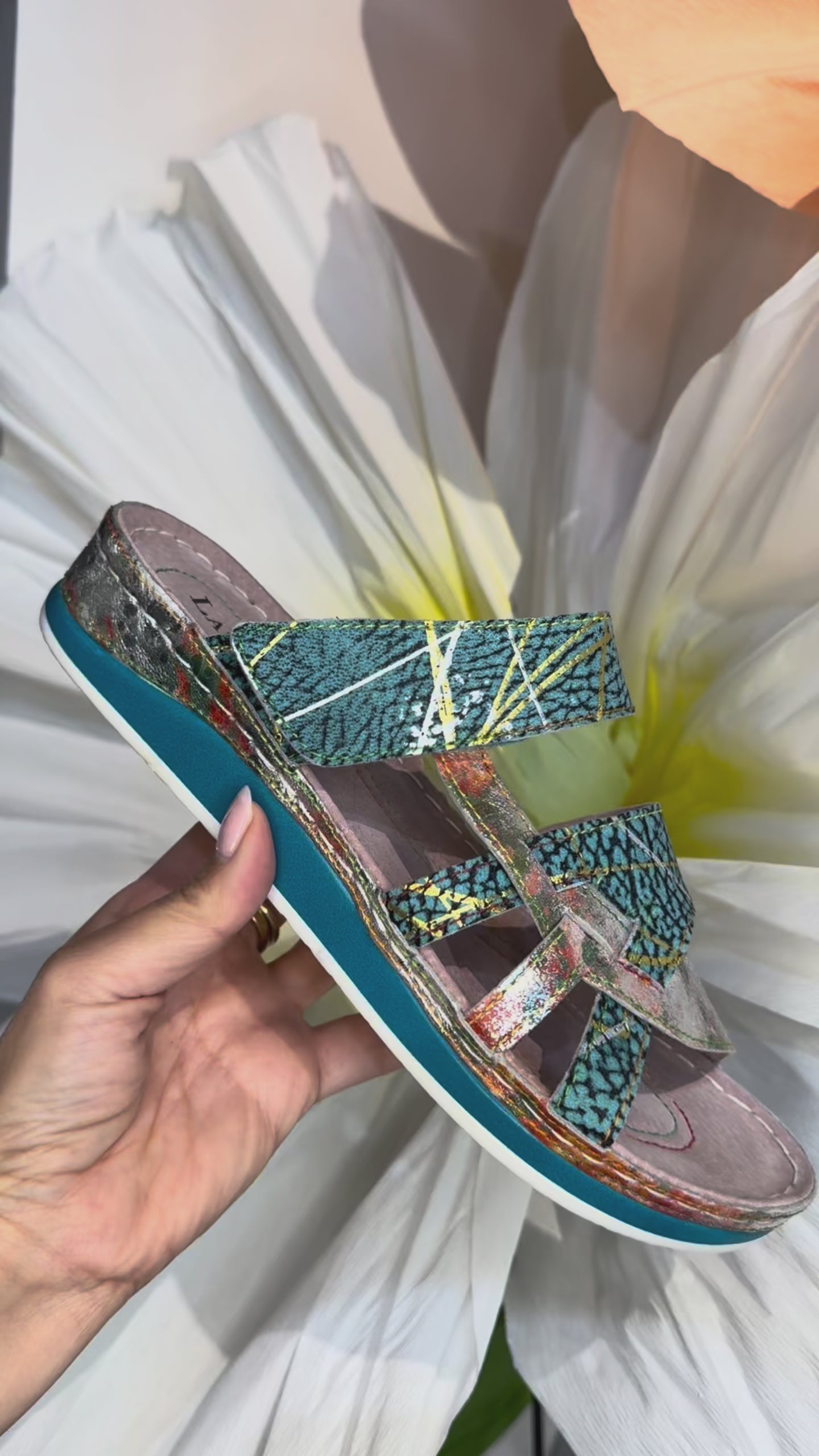 Laura Vita Floral Leather Turquoise Slides