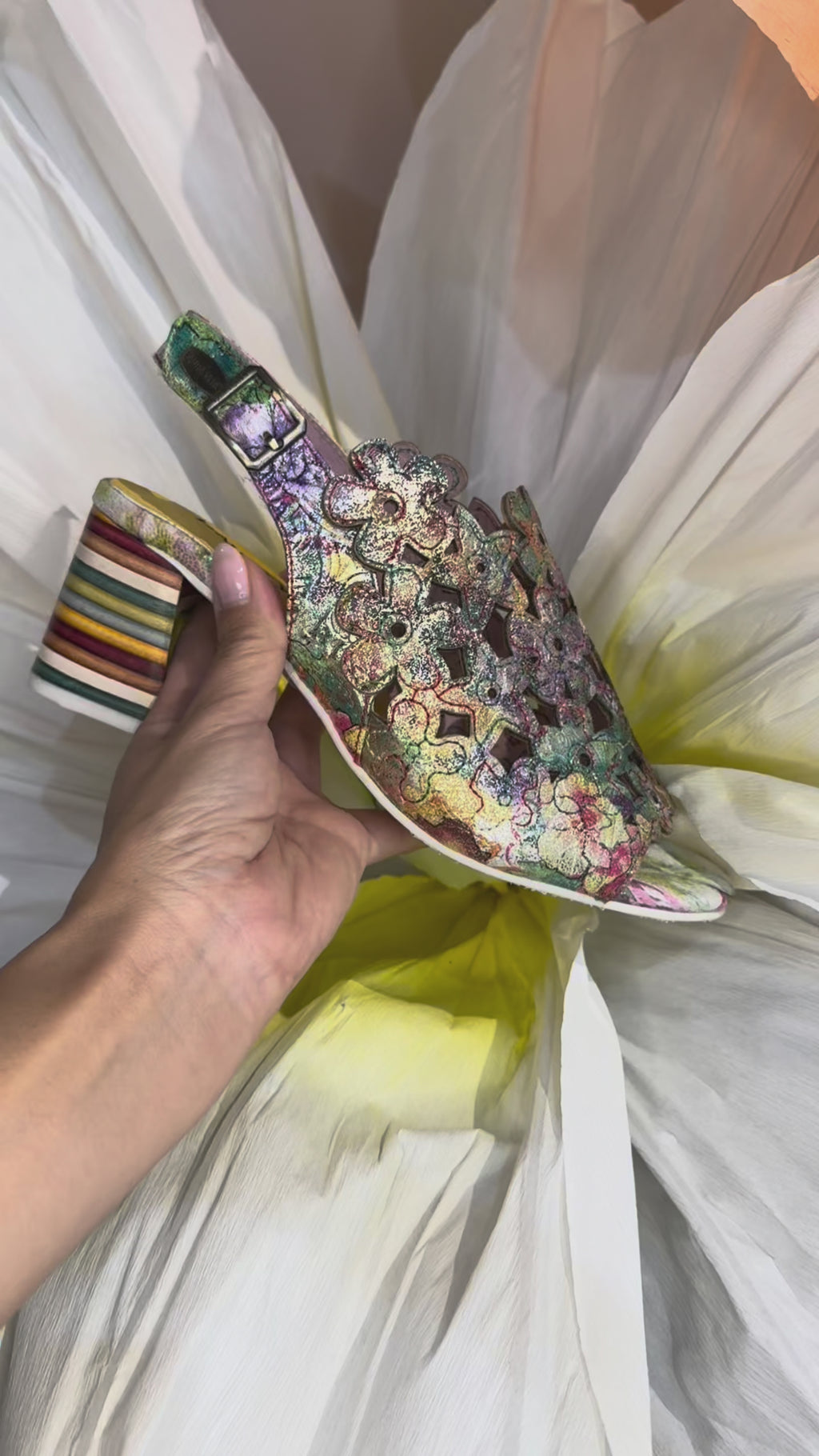 Laura Vita Multi Colour Floral Laser Cut Block Heel Sandal